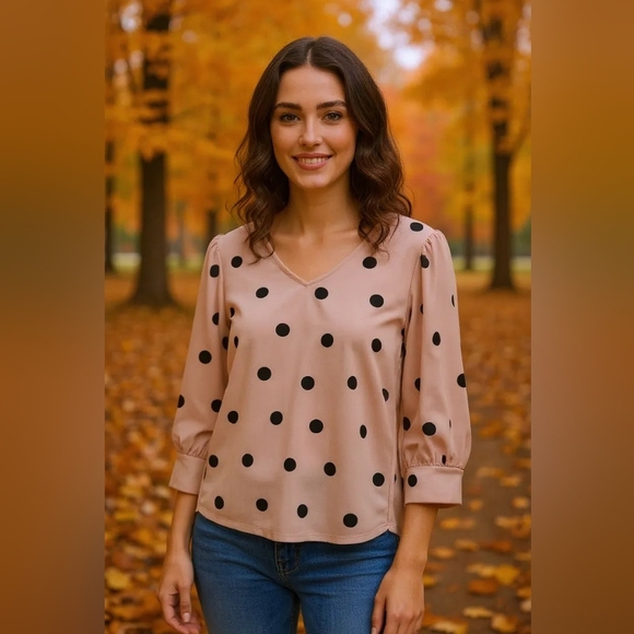 Adrianna Papell Tops - Adrianna Papell - NWT, Pink Blouse W/ Black Poke dots, 3/4 Puff Sleeves, V-Neck,